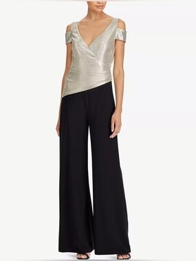 Elegant Ralph Lauren Metallic Cold-Shoulder Jumpsuit with Black Wide-Leg Pants